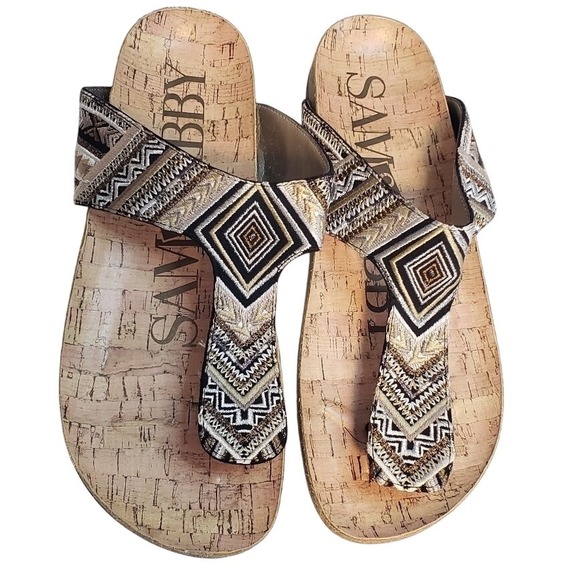 Sam & Libby Cork Thong Sandals Women's Size 8 Geometric Embroidered Aztec - Picture 2 of 8